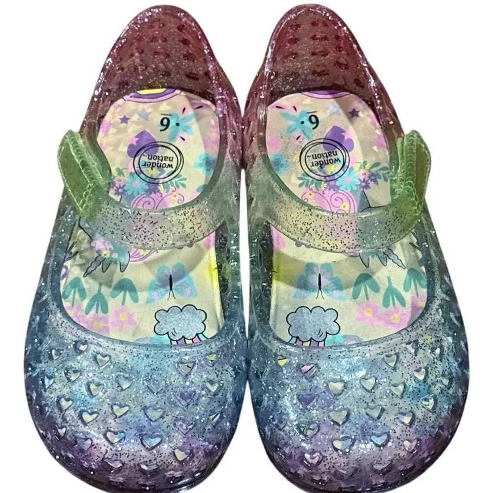 Wonder Nation Rainbow Glitter Jelly Shoes Girls 6C Unicorn Heart Velcro Sandals